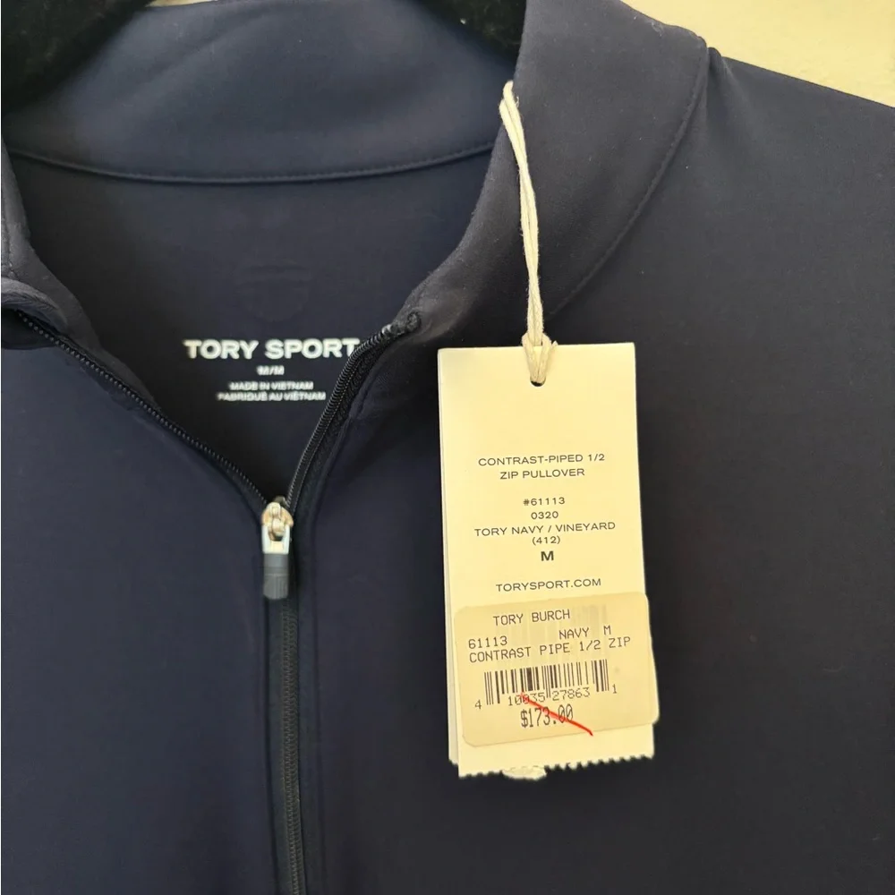 Tory Burch Navy Zip Mock Pullover with Contrast Piping